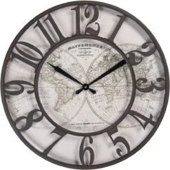 Clayre & Eef Wandklok Ø 60 Cm Bruin Ijzer Rond Wereldkaart Muurklok Hangklok Keukenklok
