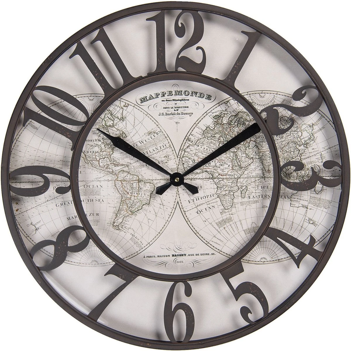 Clayre & Eef Wandklok Ø 60 Cm Bruin Ijzer Rond Wereldkaart Muurklok Hangklok Keukenklok 3 Clayre & Eef Wandklok Ø 60 Cm Bruin Ijzer Rond Wereldkaart Muurklok Hangklok Keukenklok