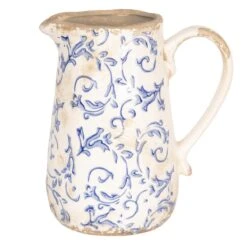 Clayre & Eef Decoratieve Schenkkan 1000 Ml Wit Blauw Keramiek Rond Bladeren Waterkan Schenkkan Vaas -Clayre & Eef 1200x1200 41