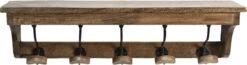 Clayre & Eef Wandkapstok 5 Haken 70x17x17 Cm Bruin Hout Ijzer Kapstok Met Plank