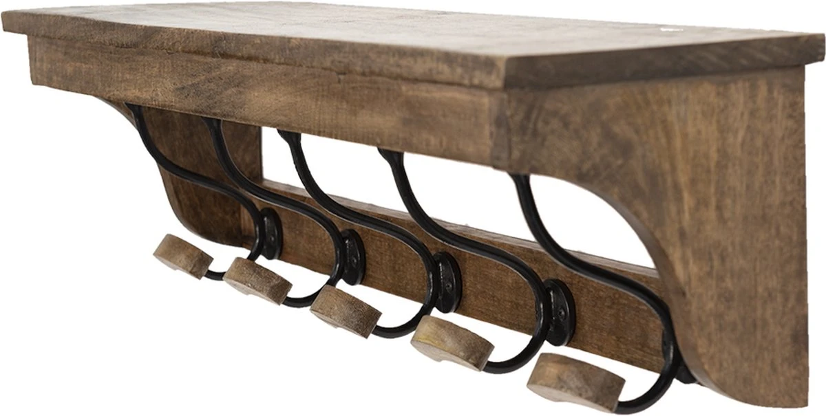 Clayre & Eef Wandkapstok 5 Haken 70x17x17 Cm Bruin Hout Ijzer Kapstok Met Plank 4 Clayre & Eef Wandkapstok 5 Haken 70x17x17 Cm Bruin Hout Ijzer Kapstok Met Plank - Afbeelding 2