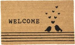 Clayre & Eef Deurmat 75x45 Cm Bruin Zwart Kokosvezel Pvc Rechthoek Vogels Welcome Kokosmat Mat Schoonloopmat