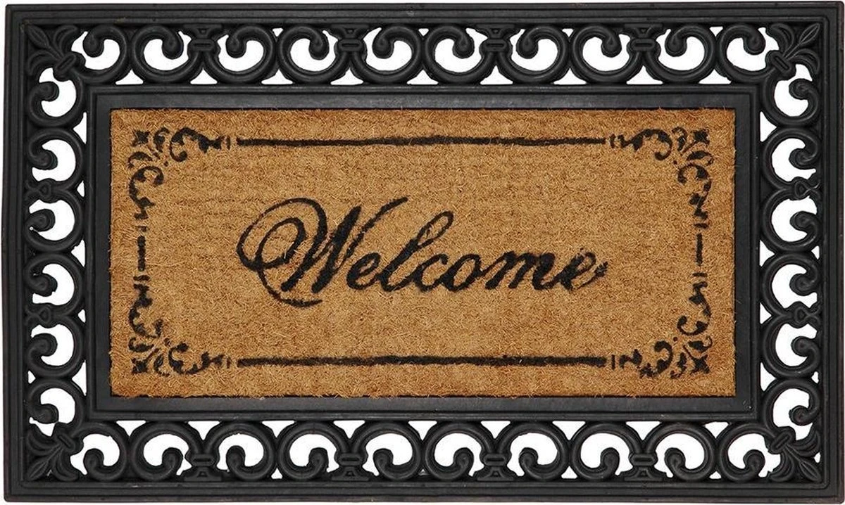 Clayre & Eef Deurmat 75x45 Cm Zwart Kokosvezel Rubber Rechthoek Welcome Kokosmat Mat Schoonloopmat