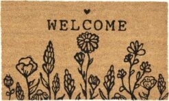 Clayre & Eef Deurmat 75x45 Cm Bruin Zwart Kokosvezel Pvc Rechthoek Bloemen Welcome Kokosmat Mat Schoonloopmat