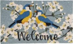 Clayre & Eef Deurmat 75x45 Cm Blauw Kokosvezel Rubber Rechthoek Vogels Kokosmat Mat Schoonloopmat