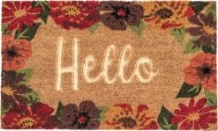 Clayre & Eef Deurmat 75x45 Cm Bruin Rood Kokosvezel Pvc Rechthoek Bloemen Kokosmat Mat Schoonloopmat