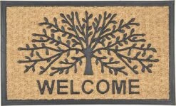 Clayre & Eef Deurmat 75x45 Cm Bruin Zwart Kokosvezel Rubber Rechthoek Boom Welcome Kokosmat Mat Schoonloopmat