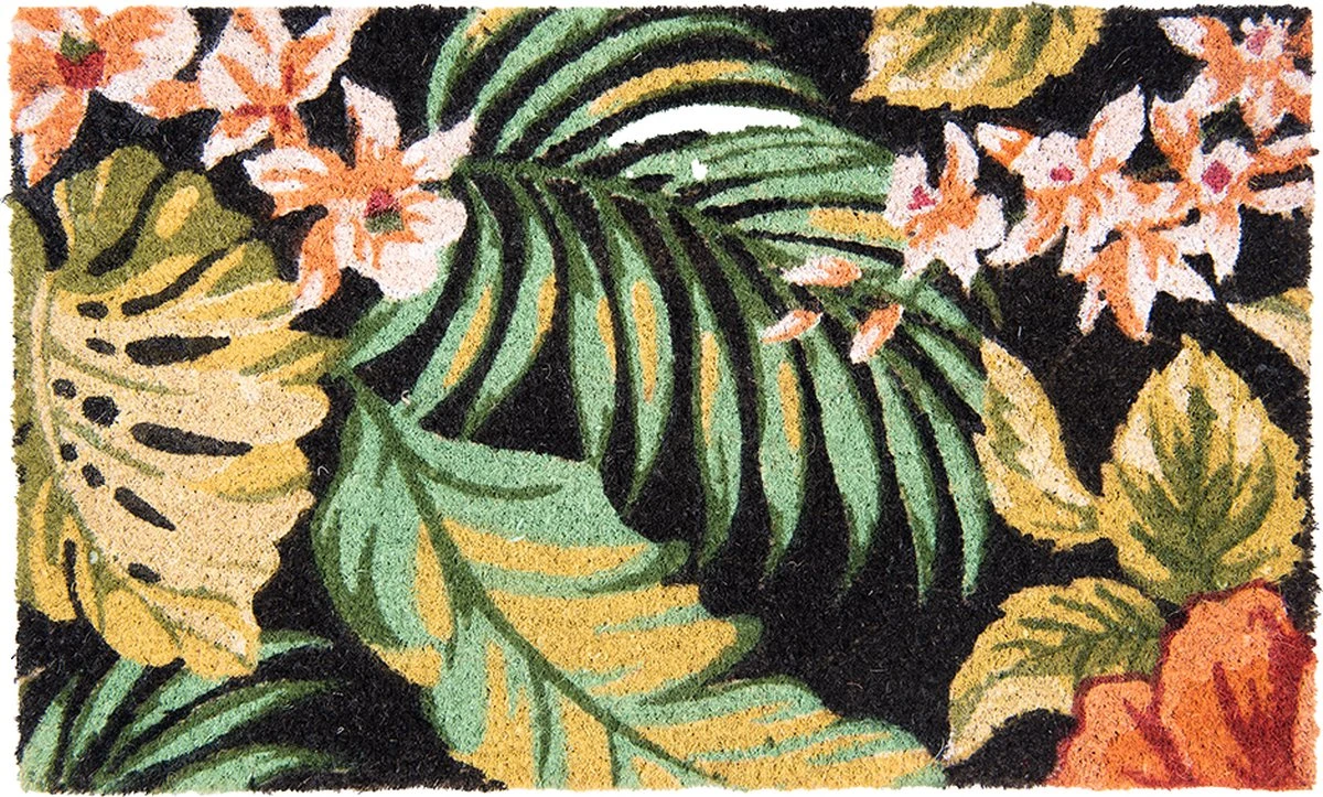 Clayre & Eef Deurmat 75x45 Cm Zwart Groen Kokosvezel Pvc Rechthoek Tropische Planten Kokosmat Mat Schoonloopmat