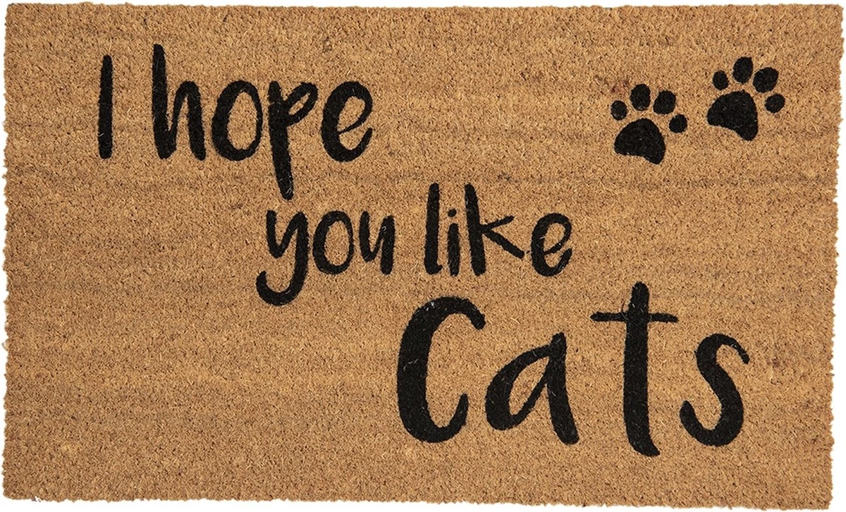 Clayre & Eef Deurmat 75x45 Cm Bruin Kokosvezel Rubber Rechthoek Kattenpootjes Like Cats Kokosmat Mat Schoonloopmat