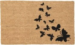 Clayre & Eef Deurmat 75x45 Cm Bruin Zwart Kokosvezel Pvc Rechthoek Vlinders Kokosmat Mat Schoonloopmat