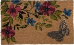 Clayre & Eef Deurmat 75x45 Cm Bruin Roze Kokosvezel Rubber Rechthoek Bloemen Kokosmat Mat Schoonloopmat