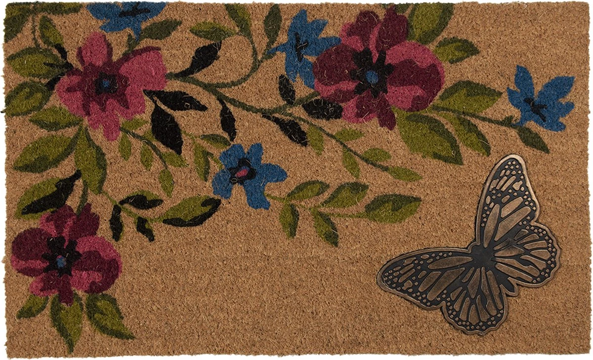 Clayre & Eef Deurmat 75x45 Cm Bruin Roze Kokosvezel Rubber Rechthoek Bloemen Kokosmat Mat Schoonloopmat