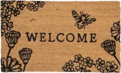 Clayre & Eef Deurmat 75x45 Cm Bruin Kokosvezel Rubber Rechthoek Bloemen Welcome Kokosmat Mat Schoonloopmat