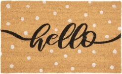 Clayre & Eef Deurmat 75x45 Cm Bruin Zwart Kokosvezel Pvc Rechthoek Bolletjes Hello Kokosmat Mat Schoonloopmat