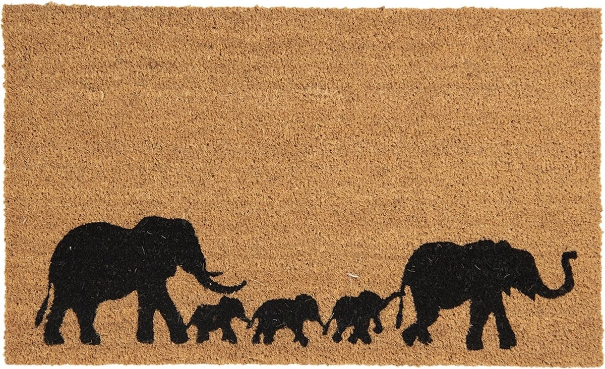 Clayre & Eef Deurmat 75x45 Cm Bruin Kokosvezel Rubber Rechthoek Olifanten Kokosmat Mat Schoonloopmat