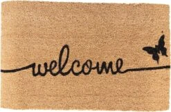 Clayre & Eef Deurmat 75x45 Cm Bruin Kokosvezel Rubber Rechthoek Vlinder Welcome Kokosmat Mat Schoonloopmat