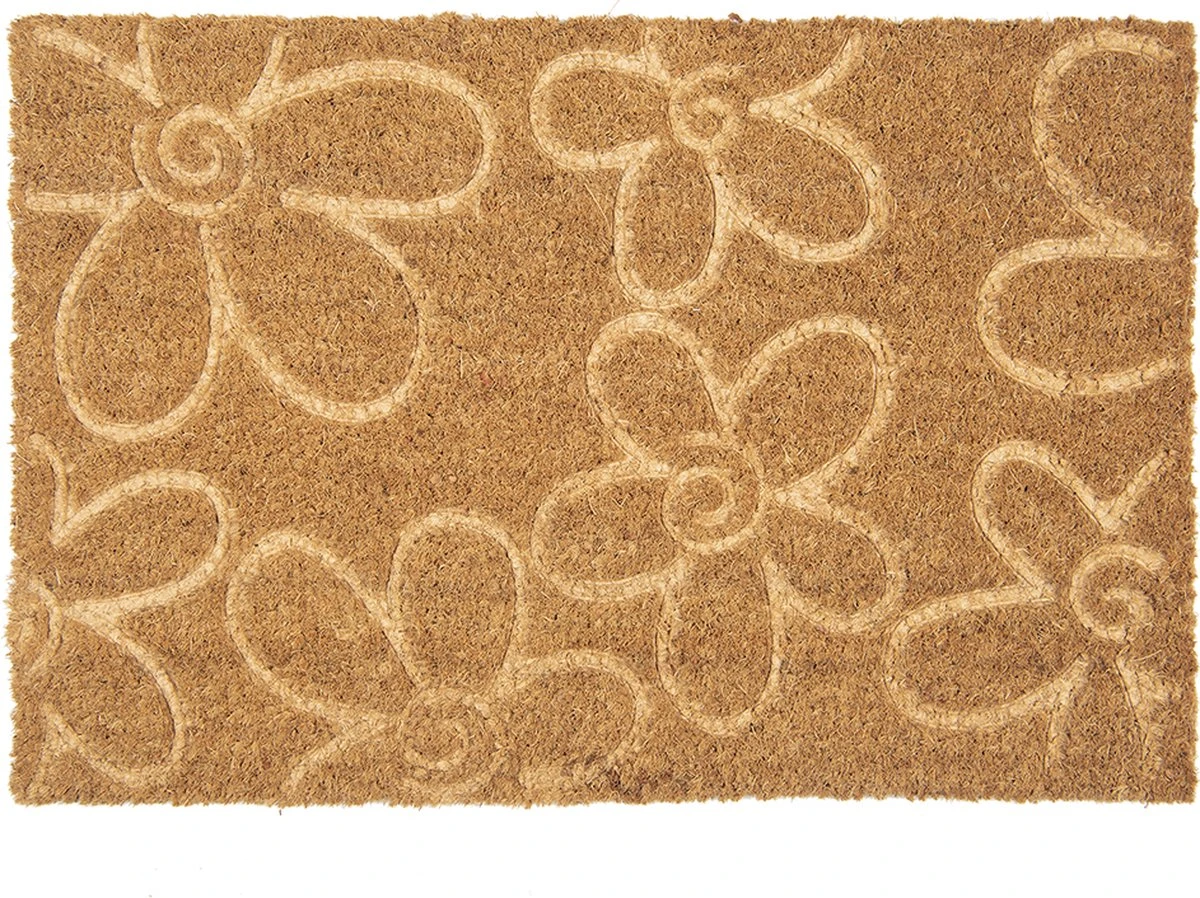 Clayre & Eef Deurmat 60x40 Cm Bruin Kokosvezel Pvc Rechthoek Bloemen Kokosmat Mat Schoonloopmat