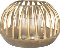 Clayre & Eef Windlicht Ø 15x10 Cm Goudkleurig Metaal Glas Rond Kaarsenhouder Sfeerverlichting
