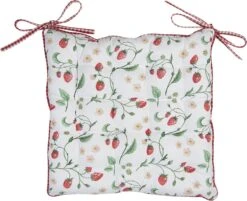Clayre & Eef Stoelkussen Foam 40x40 Cm Wit Rood Katoen Vierkant Aardbeien Zitkussen Tuinkussen Tuinstoelkussen