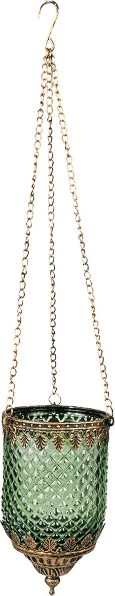 Clayre & Eef Theelichthouder Ø 9x17/52 Cm Groen Glas Metaal Waxinelichthouder Windlichthouder