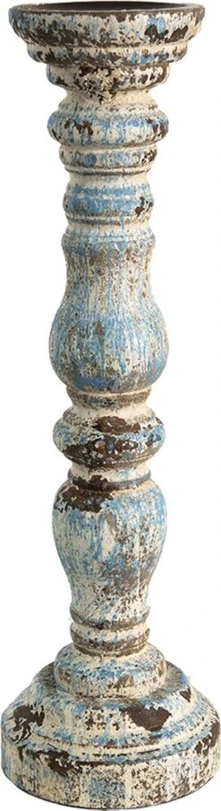 Clayre & Eef Kandelaar Ø 12x40 Cm Beige Blauw Hout Rond Kaarsenstandaard Kaarsenhouder