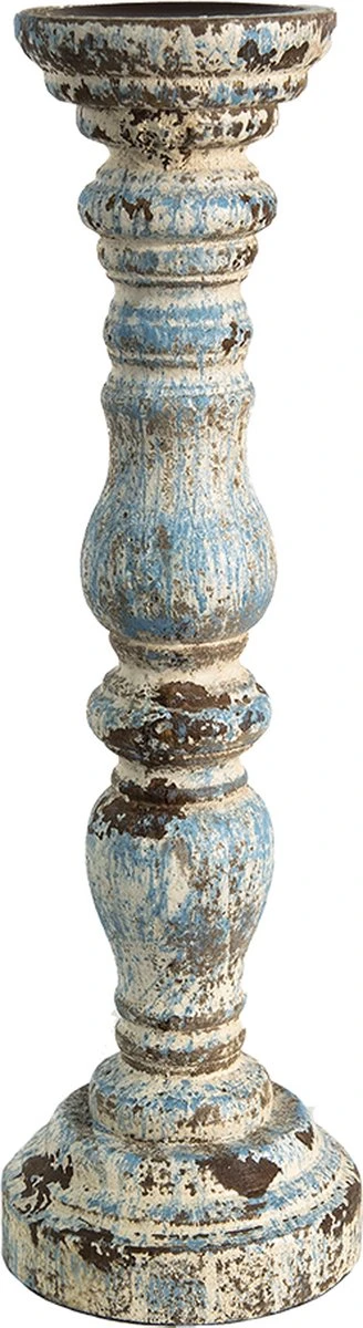 Clayre & Eef Kandelaar Ø 12x40 Cm Beige Blauw Hout Rond Kaarsenstandaard Kaarsenhouder 3 Clayre & Eef Kandelaar Ø 12x40 Cm Beige Blauw Hout Rond Kaarsenstandaard Kaarsenhouder