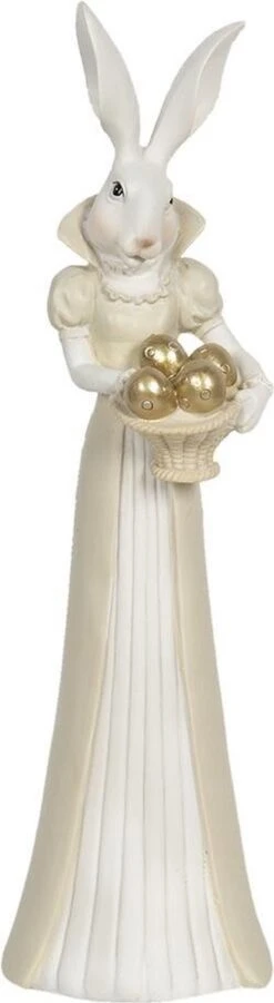 Clayre & Eef Beeld Konijn 11x10x37 Cm Wit Geel Kunststof Woonaccessoires Pasen Paashaas
