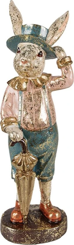 Clayre & Eef Beeld Konijn 10x9x31 Cm Groen Roze Kunststof Woonaccessoires Paashaas Pasen