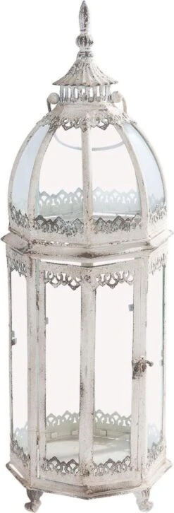 Clayre & Eef Lantaarn Ø 22*68 Cm Wit Ijzer Krullen Achthoek Kaarsenhouder