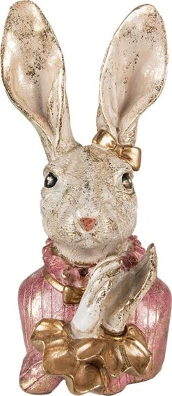 Clayre & Eef Beeld Konijn 11x12x24 Cm Beige Roze Kunststof Woonaccessoires Paashaas Pasen