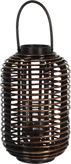 Clayre & Eef Windlicht Ø 27*45 Cm Bruin Hout Glas Rond Kaarsenhouder Sfeerverlichting