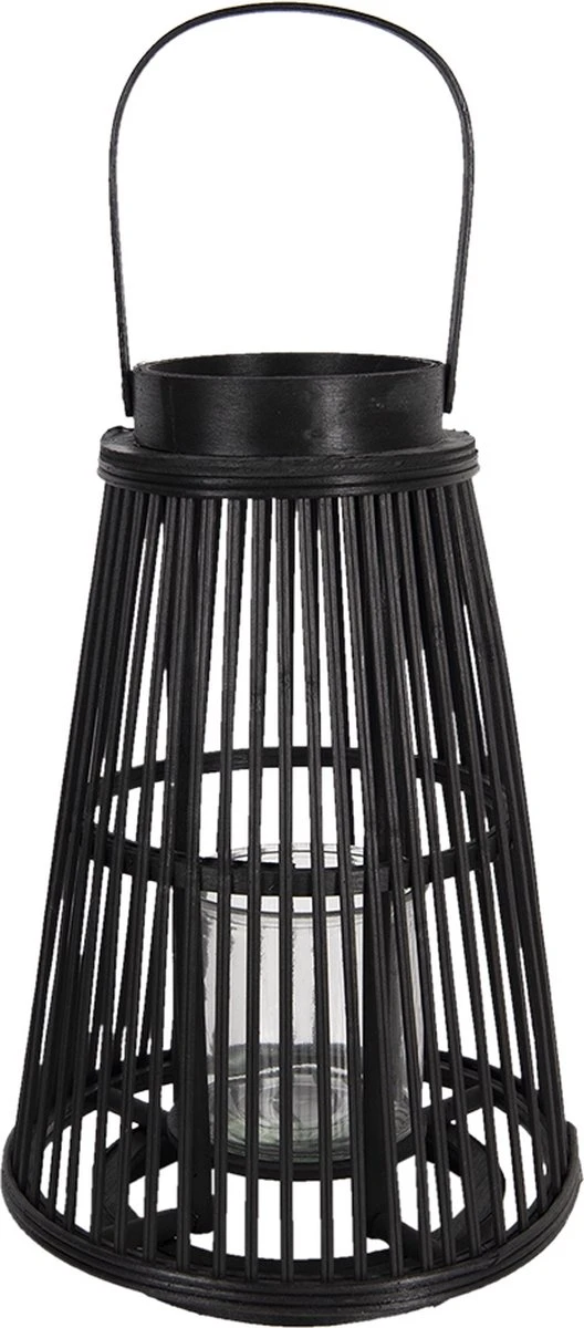 Clayre & Eef Windlicht Ø 28x40 Cm Zwart Hout Glas Rond Kaarsenhouder Sfeerverlichting