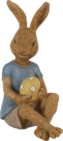 Clayre & Eef Beeld Konijn 10x6x12 Cm Bruin Blauw Kunststof Woonaccessoires Paashaas Pasen