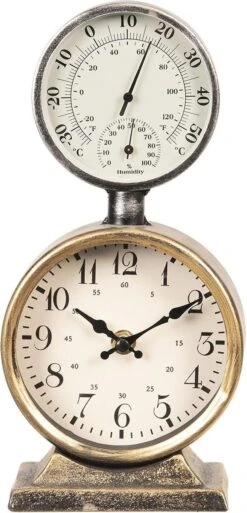 Clayre & Eef Tafelklok 13x6x27 Cm Grijs Metaal Rond Tafelklokken Binnen Staand Klokje Tafelklokje