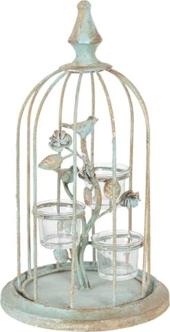 Clayre & Eef Theelichthouder Ø 21x36 Cm Groen Ijzer Glas Rond Waxinelichthouder Windlichthouder