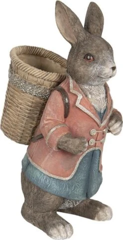 Clayre & Eef Beeld Konijn 26x19x48 Cm Bruin Blauw Kunststof Woonaccessoires Beeld Decoratie Paashaas