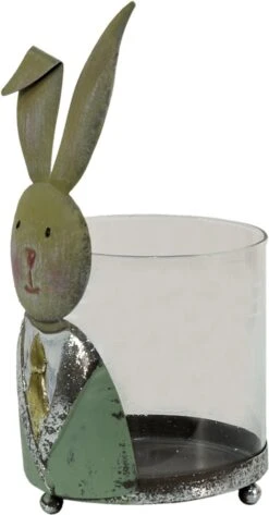 Clayre & Eef Windlicht Konijn 11x10x22 Cm Groen Wit Metaal Glas Kaarsenhouder Sfeerverlichting -Clayre & Eef 626x1200