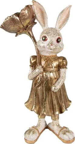 Clayre & Eef Beeld Konijn 16x12x32 Cm Goudkleurig Kunststof Woonaccessoires Paashaas Pasen