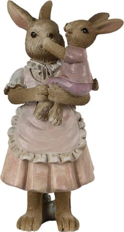 Clayre & Eef Beeld Konijn 8x5x12 Cm Bruin Roze Kunststof Woonaccessoires Paashaas Pasen