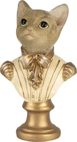 Clayre & Eef Beeld Kat 10x6x17 Cm Goudkleurig Bruin Kunststof Woonaccessoires Beeld Decoratie Decoratieve Accessoires