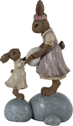 Clayre & Eef Beeld Konijn 10x6x17 Cm Bruin Roze Kunststof Woonaccessoires Paashaas Pasen