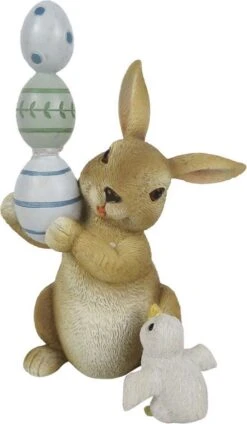 Clayre & Eef Beeld Konijn 8*7*14 Cm Bruin Blauw Kunststof Woonaccessoires Pasen Paashaas