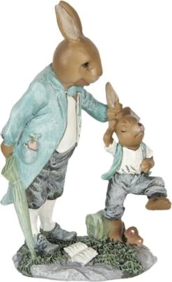 Clayre & Eef Beeld Konijn 12x7x19 Cm Bruin Blauw Kunststof Woonaccessoires Pasen Paashaas