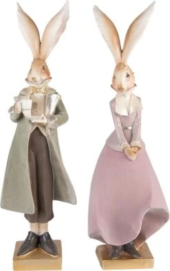 Clayre & Eef Beeld Konijn 14x12x47 / 14x12x47 Cm Groen Roze Kunststof Woonaccessoires Paashaas Pasen