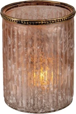 Clayre & Eef Theelichthouder Ø 11x14 Cm Beige Roze Glas Metaal Rond Waxinelichthouder Windlichthouder -Clayre & Eef 800x1200 26