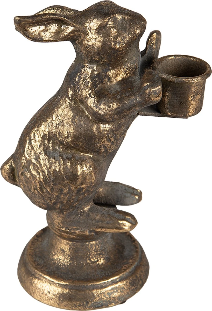 Clayre & Eef Kandelaar Konijn 12x10x30 Cm Goudkleurig Ijzer Kaarsenstandaard Kaarsenhouder