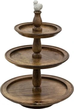 Clayre & Eef Etagère 3 Laags Ø 29x40 Cm Bruin Wit Hout Rond Fruitschaal Etagère Serveerschaal