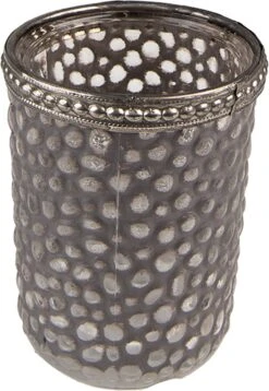 Clayre & Eef Theelichthouder Ø 6x7 Cm Grijs Glas Metaal Waxinelichthouder Windlichthouder