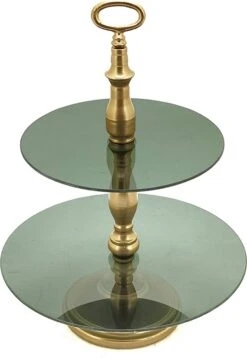 Clayre & Eef Etagère 2 Laags 49 Cm Goudkleurig Ijzer Glas Fruitschaal Etagère Serveerschaal -Clayre & Eef 828x1200