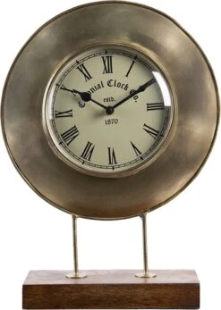 Clayre & Eef Tafelklok 27x9x36 Cm Goudkleurig Bruin Ijzer Hout Rond Tafelklokken Binnen Staand Klokje Tafelklokje